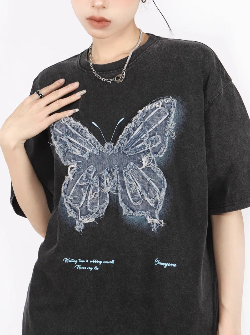 American Retro Butterfly Ergain Broy Dary Over -size T -shirt