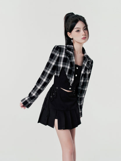 Punk rock lace-up split sass bustier dress + check short jacket