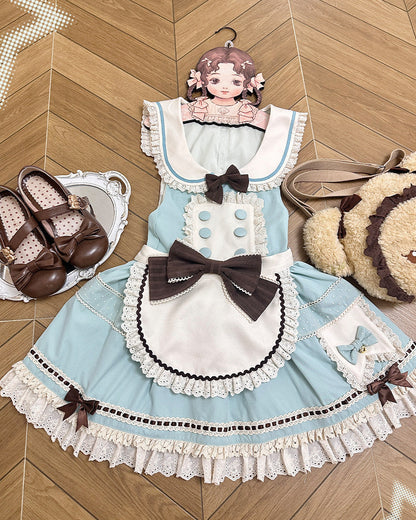 【Pre-order item】Chocolate Mint Sailor Collar Girly Maid Dress + Cake Hat