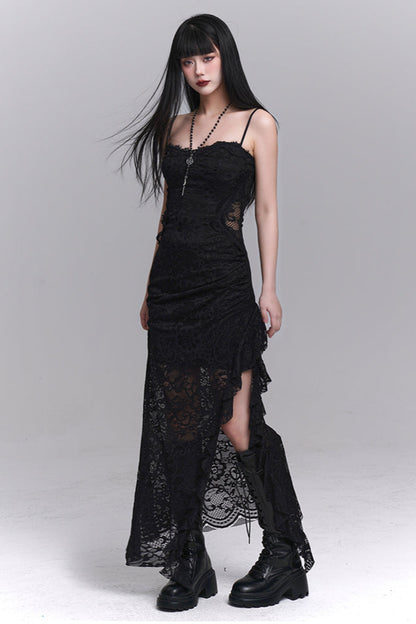 Dark Lace Slit Suspended Dress