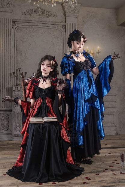 [Date limite de précommande: 105] Robe empire gothique élégante à volants cascade rouge/bleu [courte/longue] + ensemble robe complet (châle, broche papillon, chaîne de taille, traîne à nœud au dos)