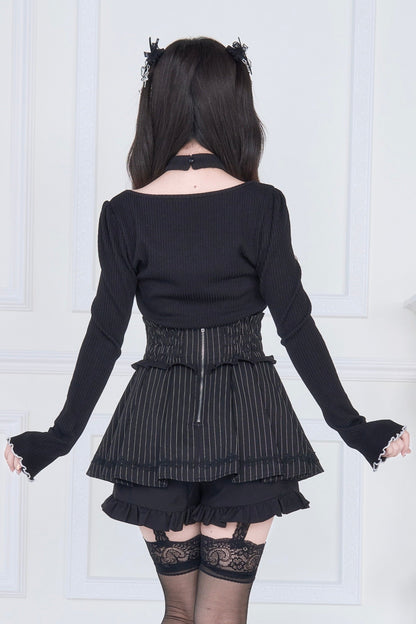 [Reservations] Choker Neck Square Frill Knit Top + Gothic Cross Lace-Up Skirt
