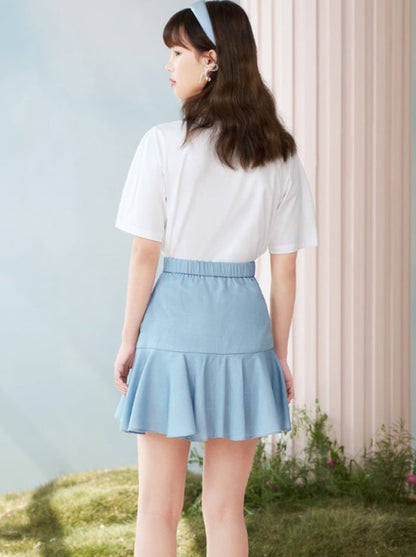 Light Blue High Waist Slim Beaded Ruffle Skirt