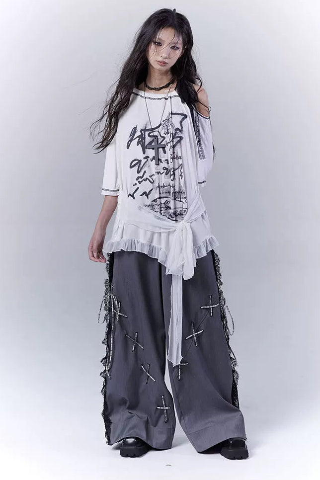 ダークバイカラーシークレットレースパッチワークパンツ