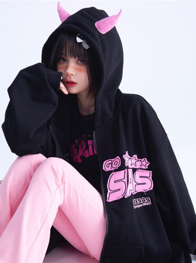 Devil Loose Letter Rosa Schwarz Hoodie