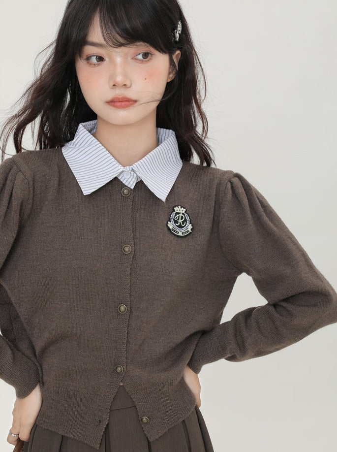 Faux Two Piece Polo Collar Cardigan Sweater