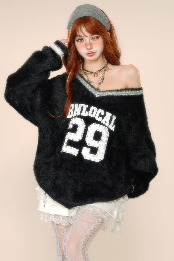 シーホースヘアオフショルダーVネックセーター