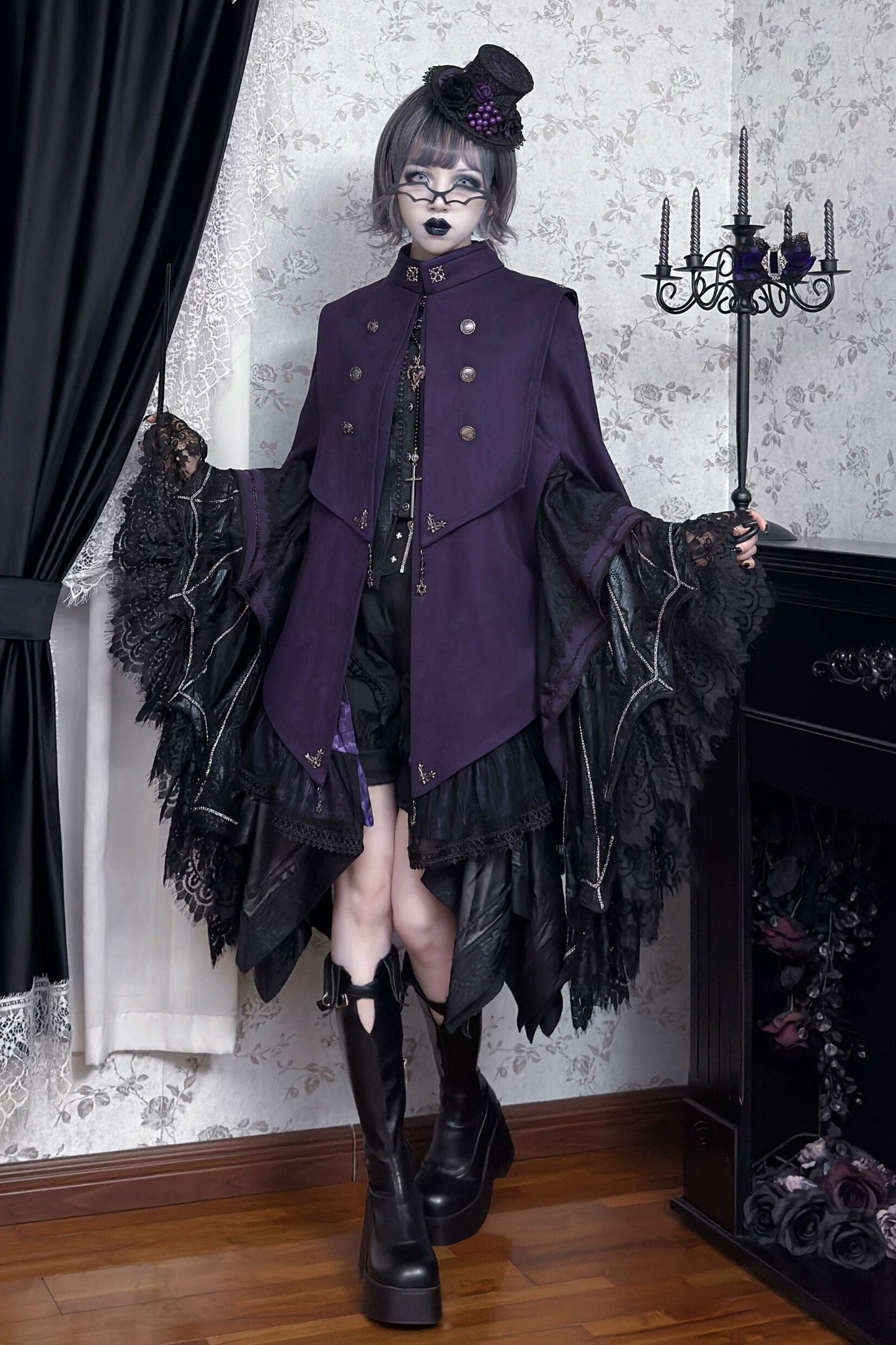 【9月5日予約締切】Dark Purple Gothic Chain Layered Lace Cape Coat(Short Length/Long Length)