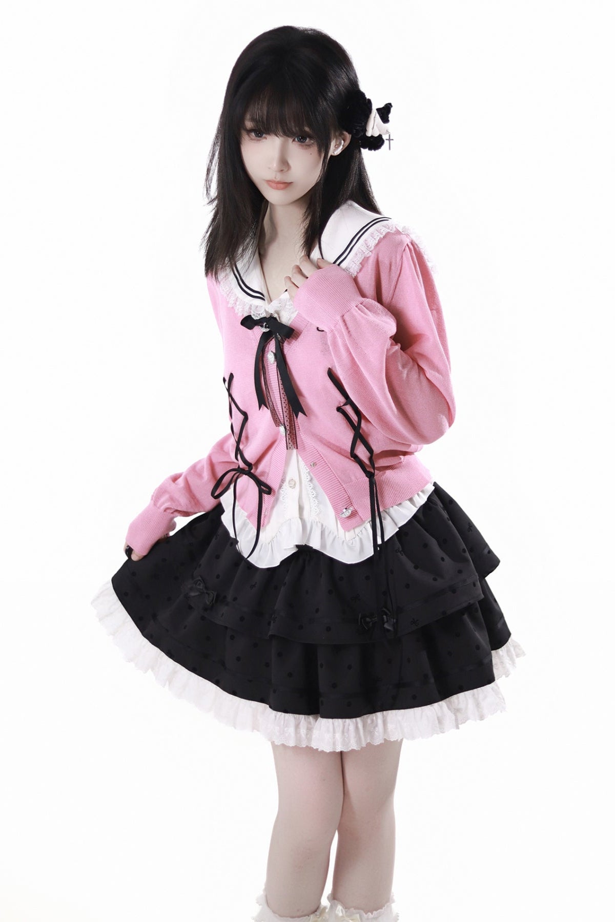 Cárdigan Dark Kawaii con cordones + Top marinero sin mangas + Falda