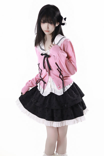 Cárdigan Dark Kawaii con cordones + Top marinero sin mangas + Falda