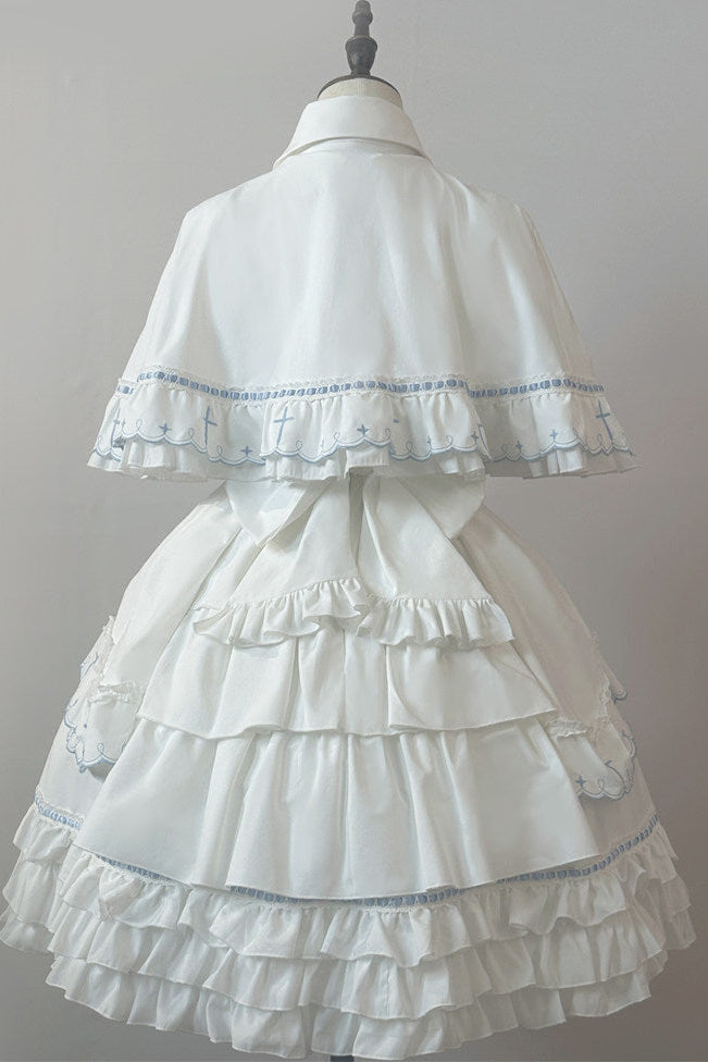 【10月4日予約締切】Blue & White / Pink & White Gothic-Inspired Sweet Lolita Ribbon Ruffle Dress＋Cross Embroidery Ribbon Cape