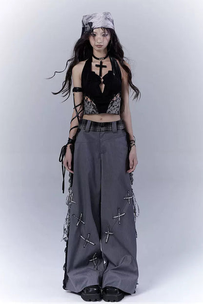 ダークバイカラーシークレットレースパッチワークパンツ