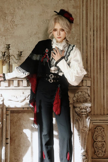 【10月2日予約締切】Gothic Knight Prince Lolita Victorian Lace Ruffle Shirt +Jewel Jabot Tie + Vintage Buckle Crimson Panel Pants (With Detachable Decorative Handkerchief)