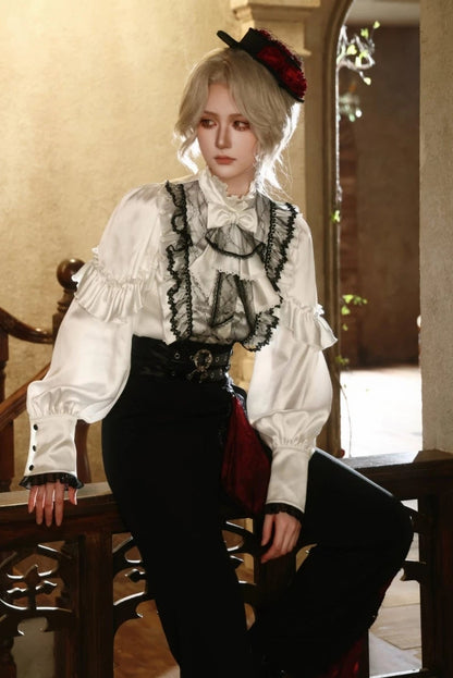 【10月2日予約締切】Gothic Knight Prince Lolita Victorian Lace Ruffle Shirt +Jewel Jabot Tie + Vintage Buckle Crimson Panel Pants (With Detachable Decorative Handkerchief)