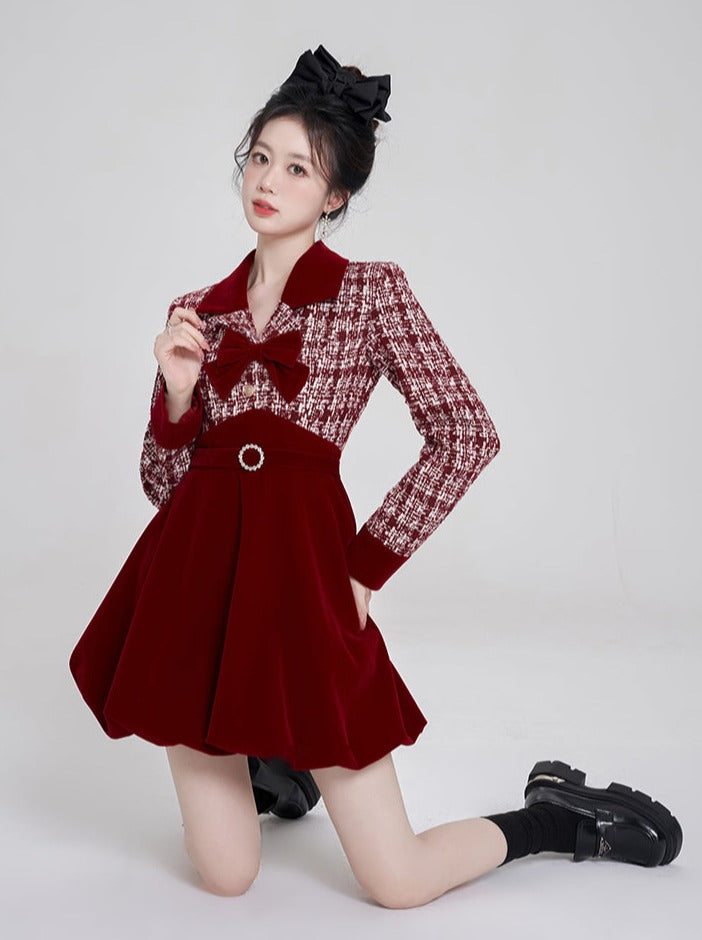 French V-Neck Ribbon Tweed Dress