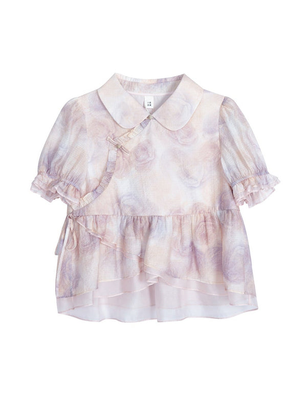 China Rose Print Puff Sleeve Frill Shirt Skart Two Piece Set