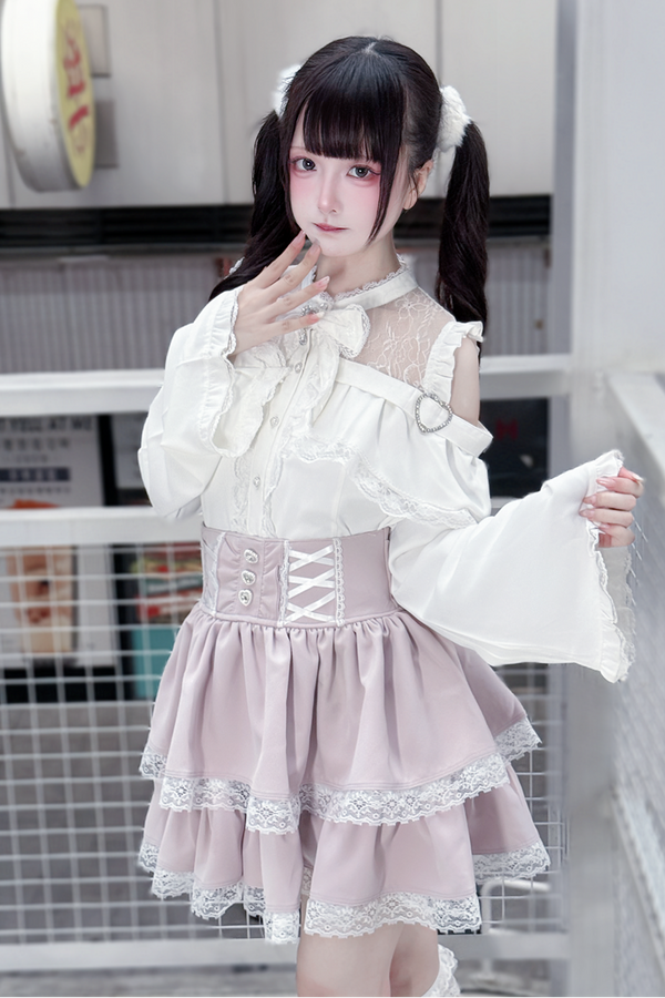 Lace off-the-shoulder shirt + lace-up skirt