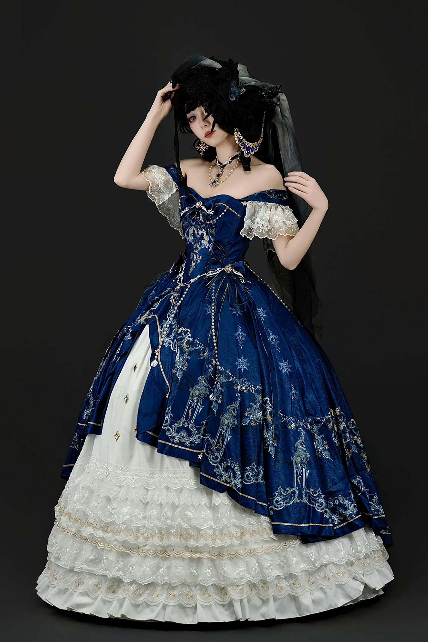 【5月3日予約締切】ダークブルーホワイトコルセットレースリボンロリータJKSプリンセスドレス＋コンプリートセット