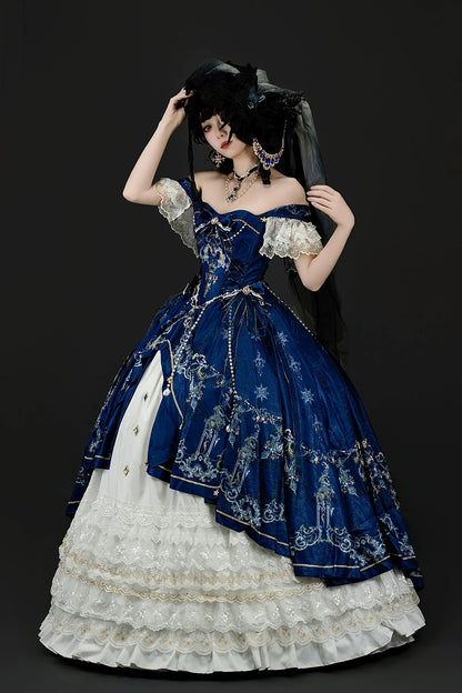 【5月3日予約締切】ダークブルーホワイトコルセットレースリボンロリータJKSプリンセスドレス＋コンプリートセット