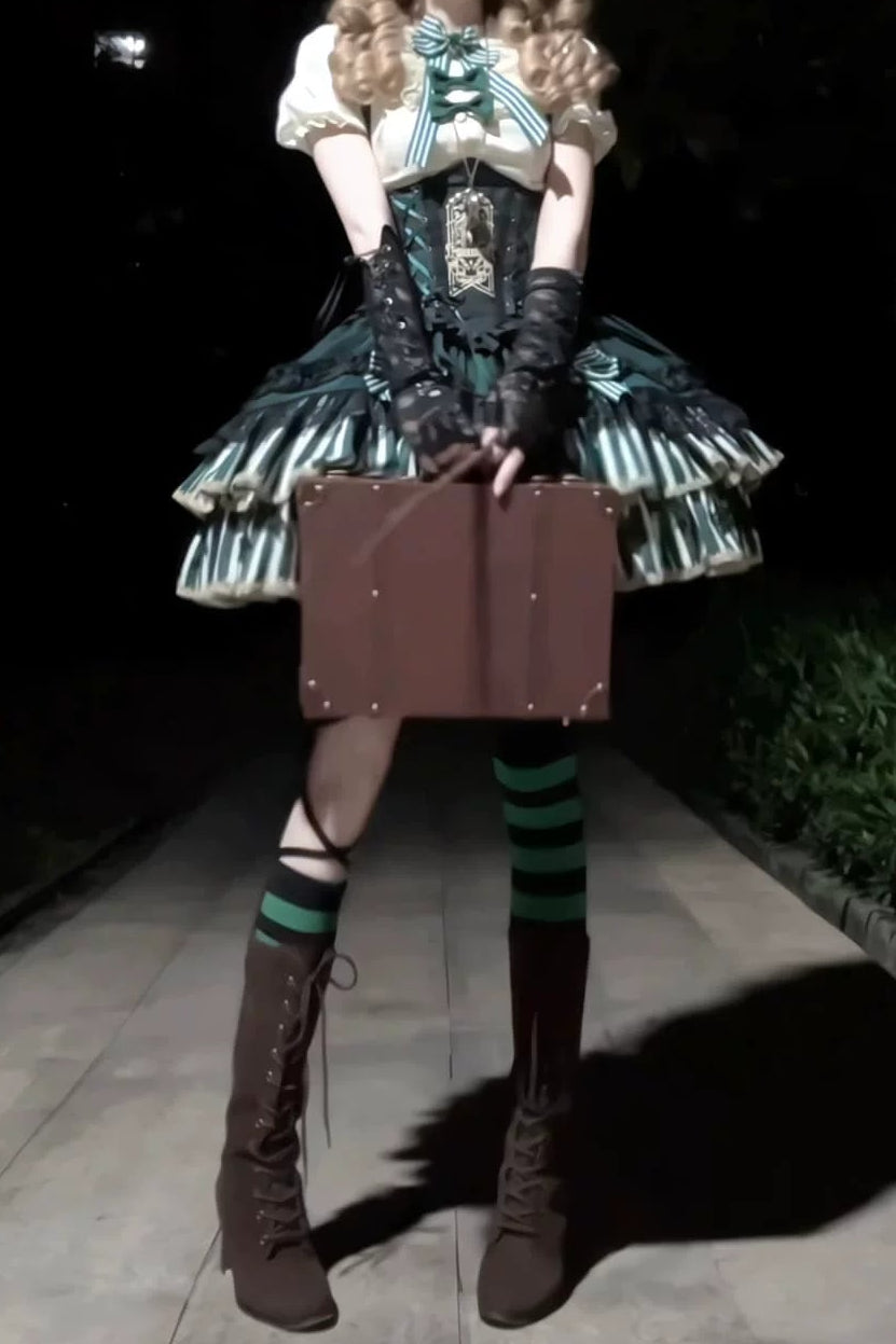 [Pre-order Deadline: May 20] Magical Girl Lolita Elegant Lace Puff Sleeve Shirt + Black x Green Ribbon Corset Tiered Dress + Mini Hat