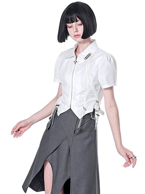 パフショルダーメタルクロスドロストバッククロスジップシャツ