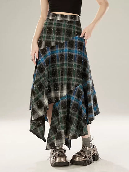 Gradient Contrast Color Checked Irregular Skirt