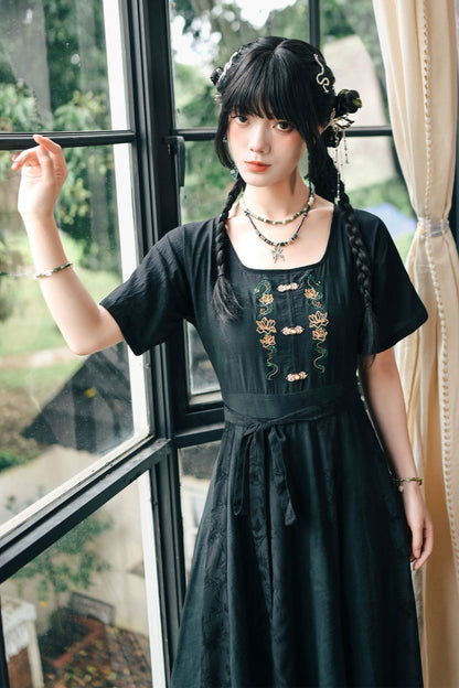 チャイナステッチジャカードロングドレス