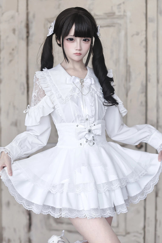 [Pre-order Deadline: July 30] Pure White Lace Sheer-Shoulder Ruffle Blouse + Jewel Ribbon High-Waist Lace Layered Skirt