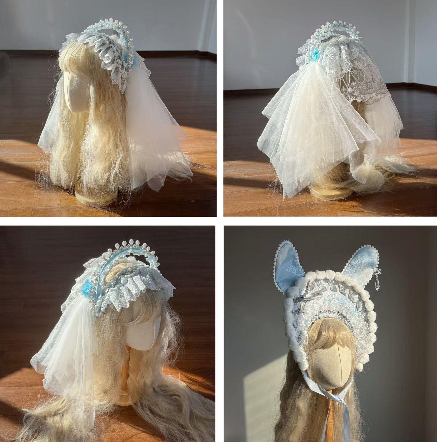 Snow Rabbit Ball Series: Bonnet with rabbit ears + crown veil + accessories