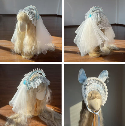 Snow Rabbit Ball Series: Bonnet with rabbit ears + crown veil + accessories