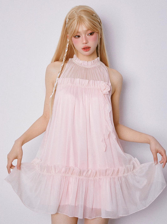 GirlyFancyClub Spin Music Box * Pinch pleated fungus trim sleeveless dress girly pink doll dress