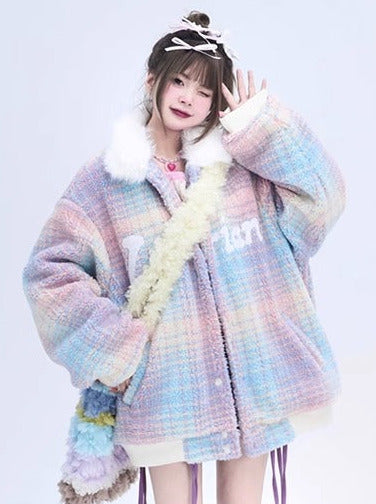 Niche Design Colorful Splicing Loose Lamb Wool Cotton Coat