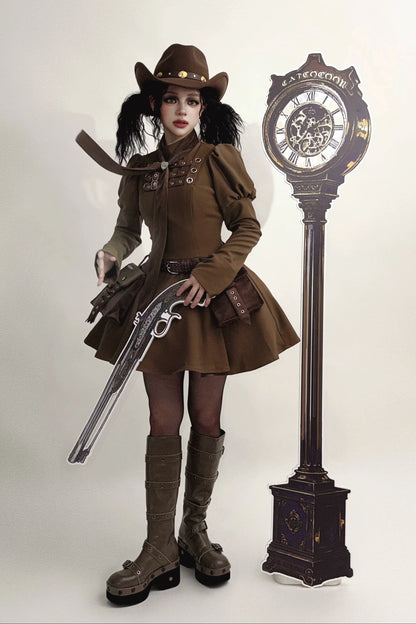 [Scadenza prenotazioni 6 novembre] Abito da bambola steampunk marrone x gothic mode nero con fibbia, collo alto e maniche lunghe a sbuffo