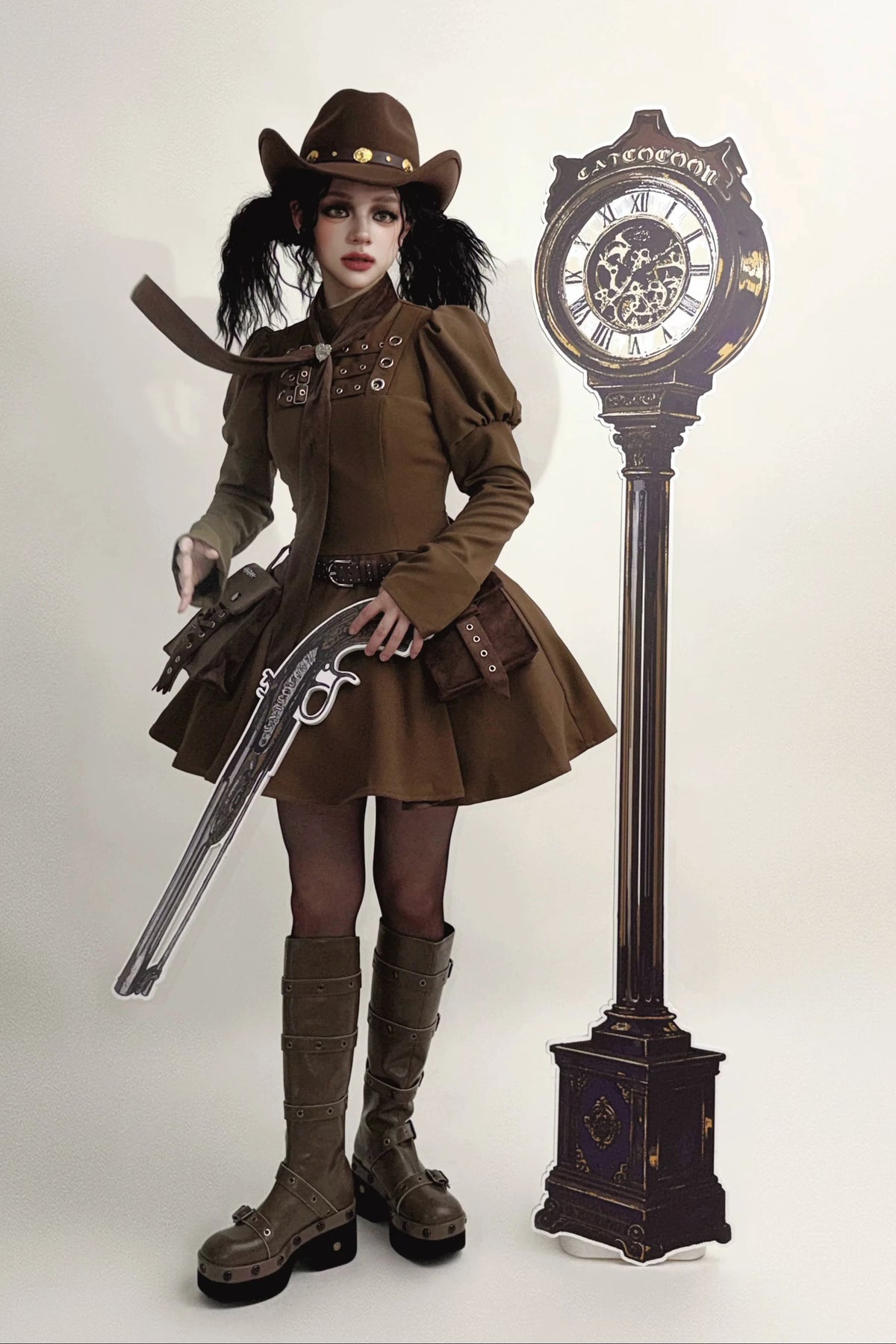 [Date limite de précommande : 11/6] Accessoires de la série steampunk marron x mode gothique noire (mini-chapeau à ruban cœur en velours + cravate à ruban motif cœur + sac de taille avec ceinture)
