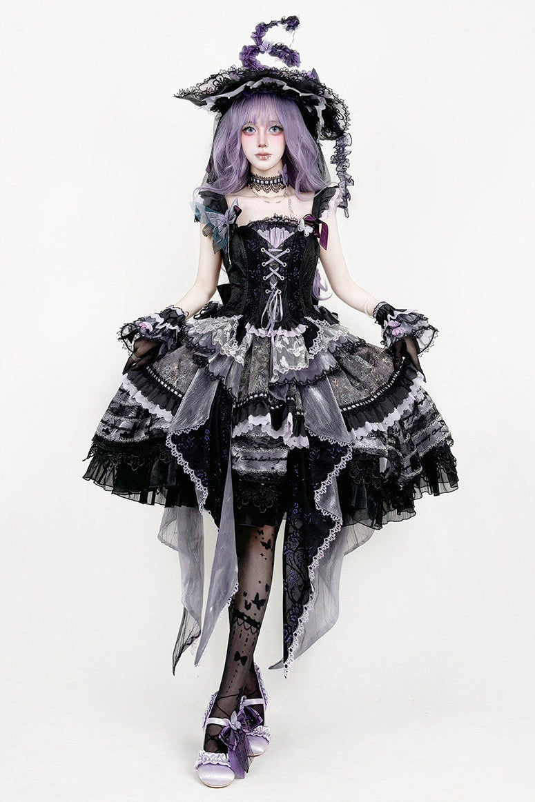 [Pre-order Deadline: August 29] Purple x Black Dark Gothic Butterfly Lace-Up Corset Bustier + Lace Ruffle Layered Skirt (with Front Ruffle Train) Matching Set + Dress Set 1/2/3