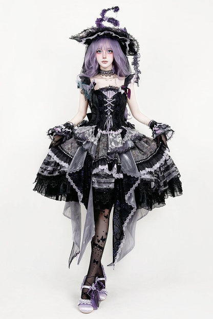 [Pre-order Deadline: August 29] Purple x Black Dark Gothic Butterfly Lace-Up Corset Bustier + Lace Ruffle Layered Skirt (with Front Ruffle Train) Matching Set + Dress Set 1/2/3