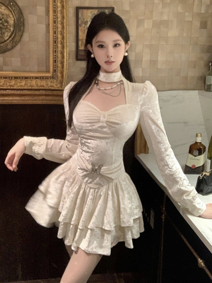 White Velvet Halter Neck Princess Dress