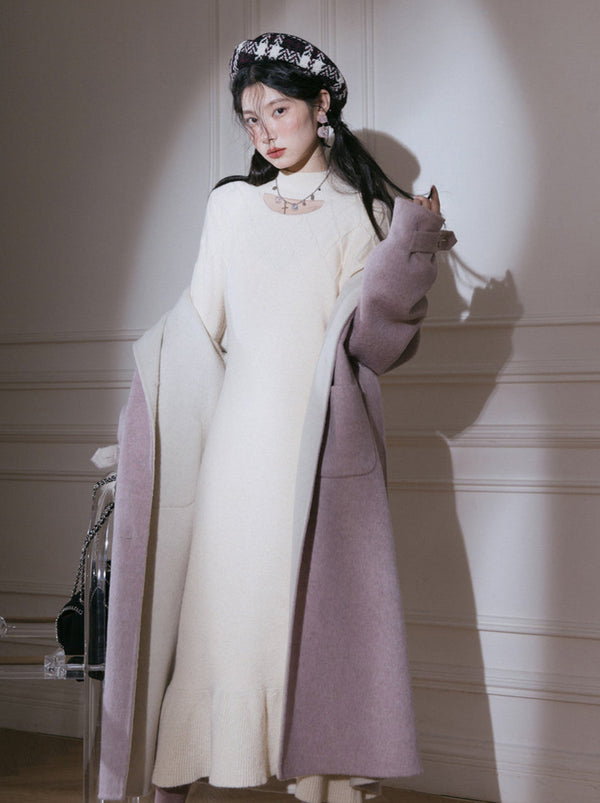 チーズイエローハイネックダイヤステッチデザインニットドレス