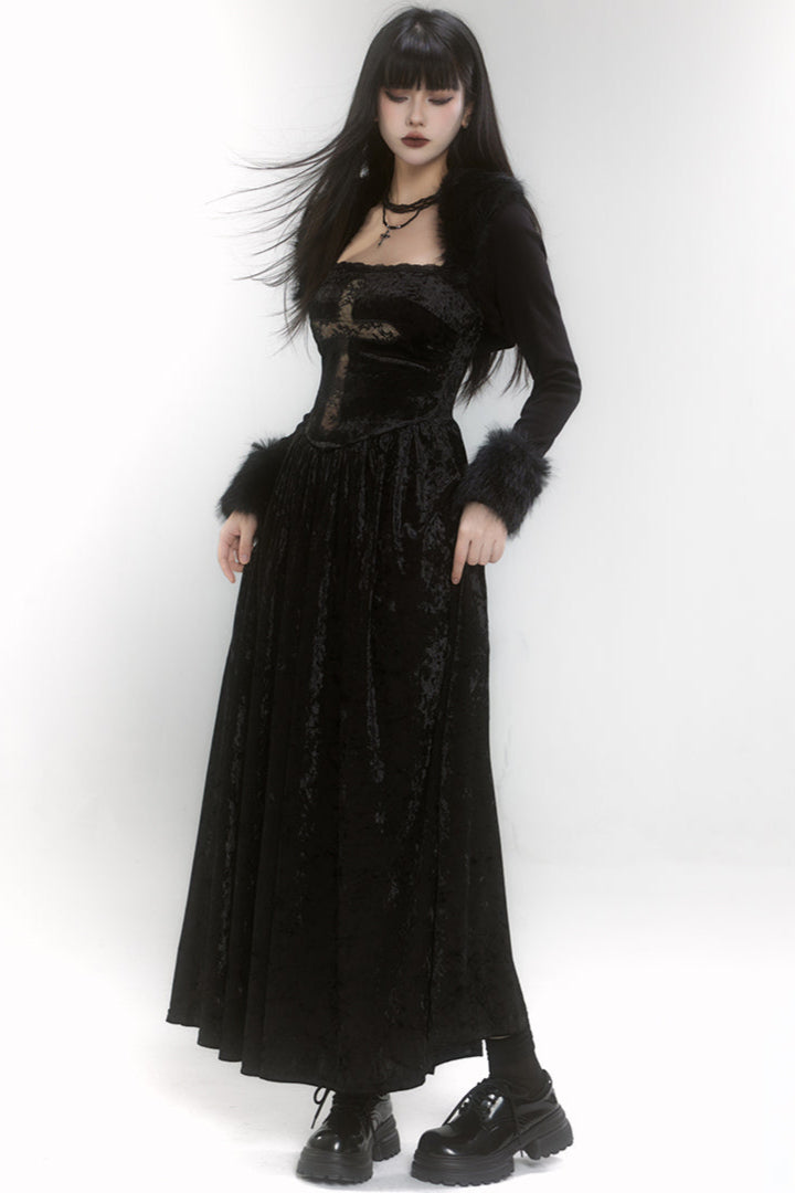 Velvet Lace Cross Long Dress + Shawl