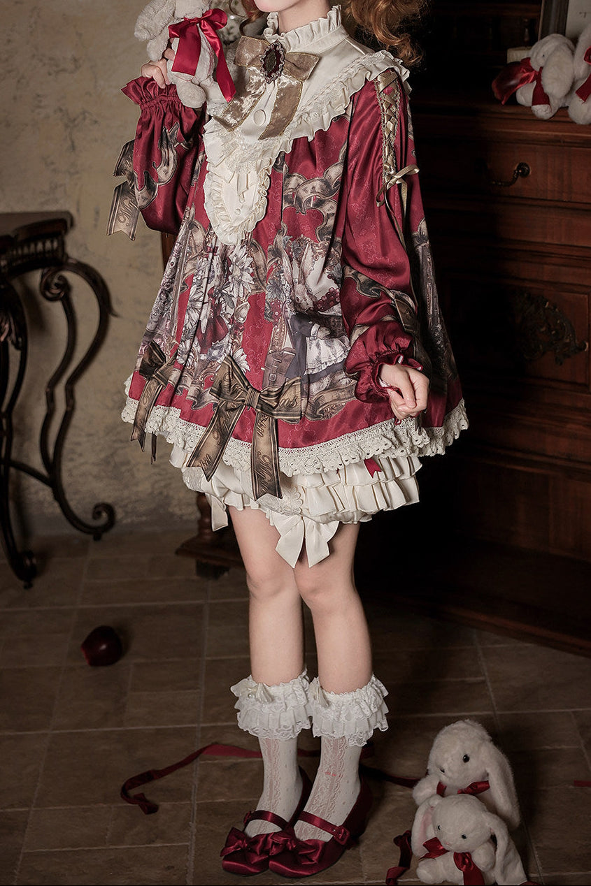 【11月3日予約締切】Antique Bow Burgundy Rabbit Print Frill Doll Dress + Shorts Set