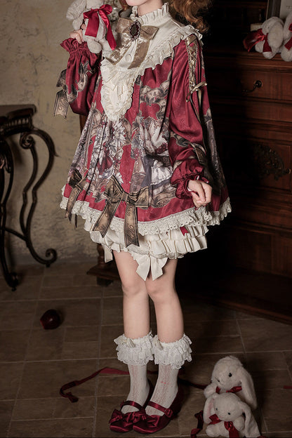 【11月3日予約締切】Antique Bow Burgundy Rabbit Print Frill Doll Dress + Shorts Set