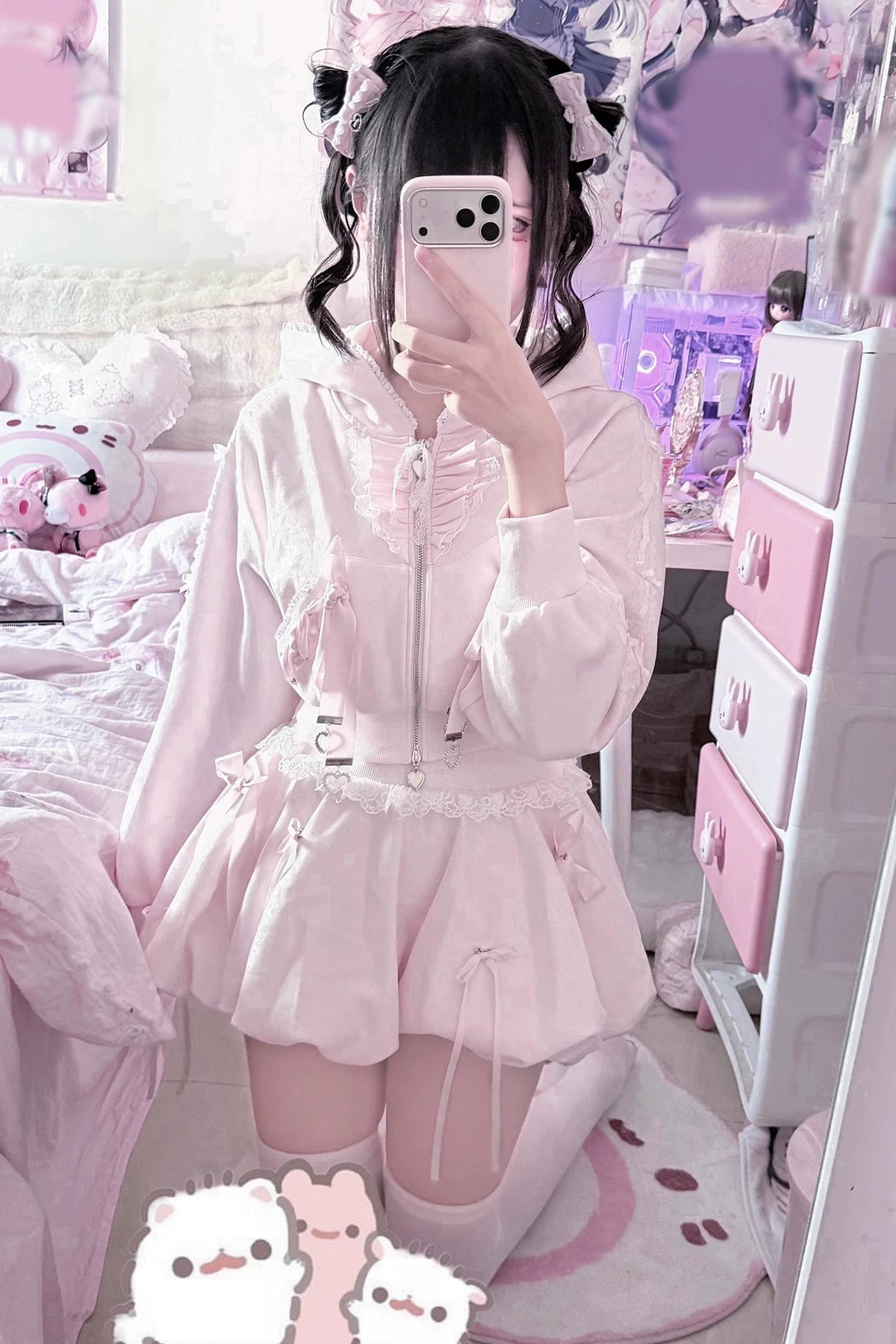 [Reservation Deadline: November 15] Pink Lace Bow Two-Way Zip Hoodie and Bubble Skirt Set with Detachable Ribbon