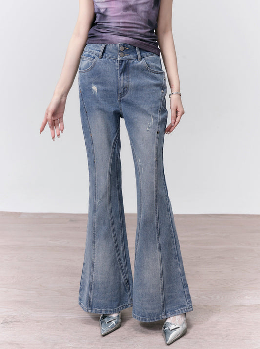 Fragileheart fragile shop American vintage stud split jeans washed distressed skinny flared trousers