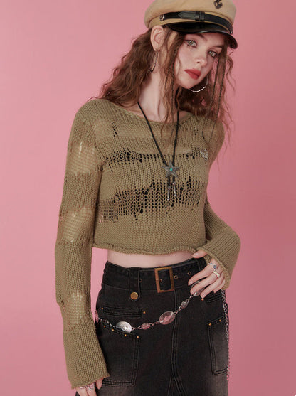 Design Loose Pullover Short Sheer Knit Top