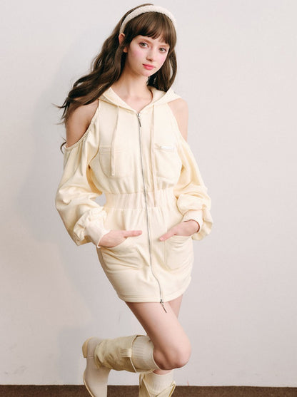 Cream Casual Sporty Hooded Dress