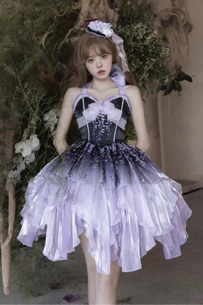[Pre-order Deadline: June 18] Wisteria Purple Gradient Fairy Lolita Bow Layered JSK Dress + Full Set (Dress + Flower Hat)