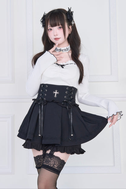 [Reservations] Choker Neck Square Frill Knit Top + Gothic Cross Lace-Up Skirt