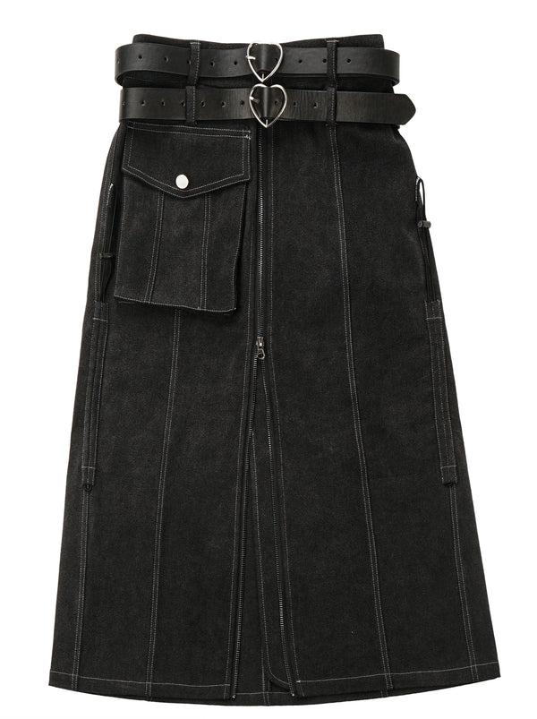 ブラックグレートップスショートデニムジャケットスリットミモレ丈スカートボトムスセットアップ