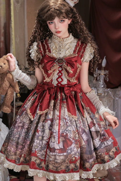 [Date limite de précommande : 7 août] Ensemble complet robe JKS vintage rouge à imprimé lapin histoire avec ruban antique + chemise à volants + manchettes lacées