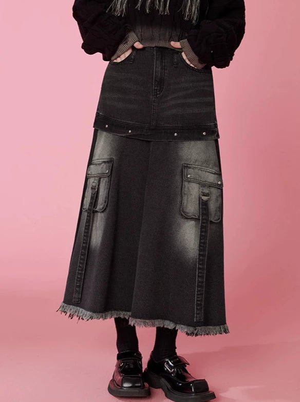 Gradient Black Mode Denim Skirt